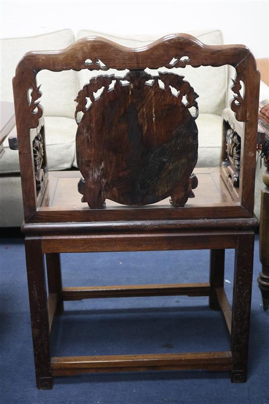 A pair of Chinese hardwood armchairs, c.1900-1920, W.2ft 1.5in. H.3ft 2in.